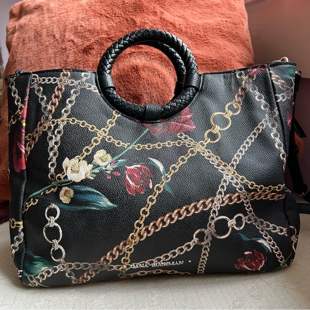 Dana Buchman, black floral vegan satchel crossbody bag - Picture 2 of 15